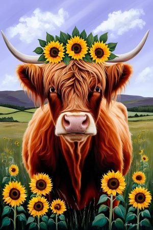 Highland Cow with Sunflowers Art Print Framed Poster and Canvas Wall Art