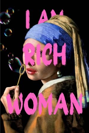 I am Rich Woman altered art print girl with peal earring