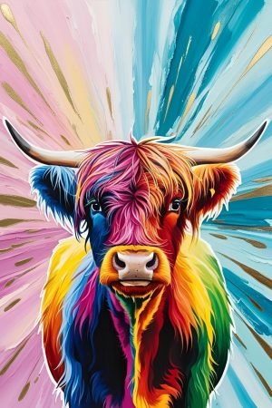 Multi Coloured Highland Cow Canvas Print And Framed Poster Wall Art
