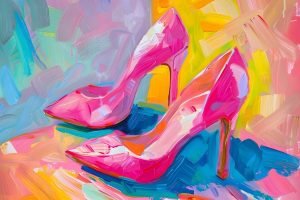 Painting of Pink High Heel Shoes Art Print, Framed Poster and Canvas Wall Art
