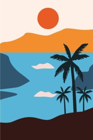 Palm Trees and Sea Boho Landscape Canvas Print and Framed Poster Wall Art Decor