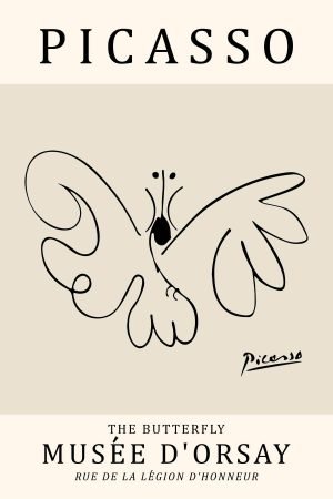 Picasso Butterfly Line Drawing Print Exhibition Poster and Framed Canvas WAll Art Beige