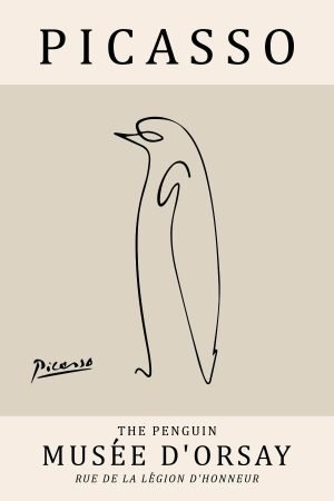 Picasso Penguin Line Drawing Print Beige Purple Exhibition Poster and Framed Canvas Wall Art