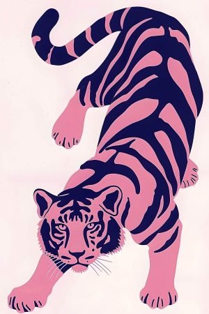 Preppy Blue Pink Tiger Poster Print Framed Canvas Wall art decor