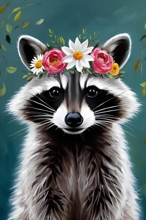 Raccoon with Flower Crown poster and framed canvas wall art print
