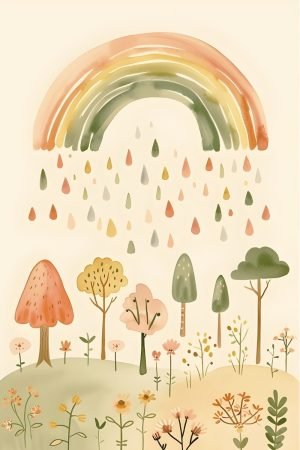 Rainy Rainbow, Trees and Flowers wall art poster and canvas print for nursery and children room wall decor