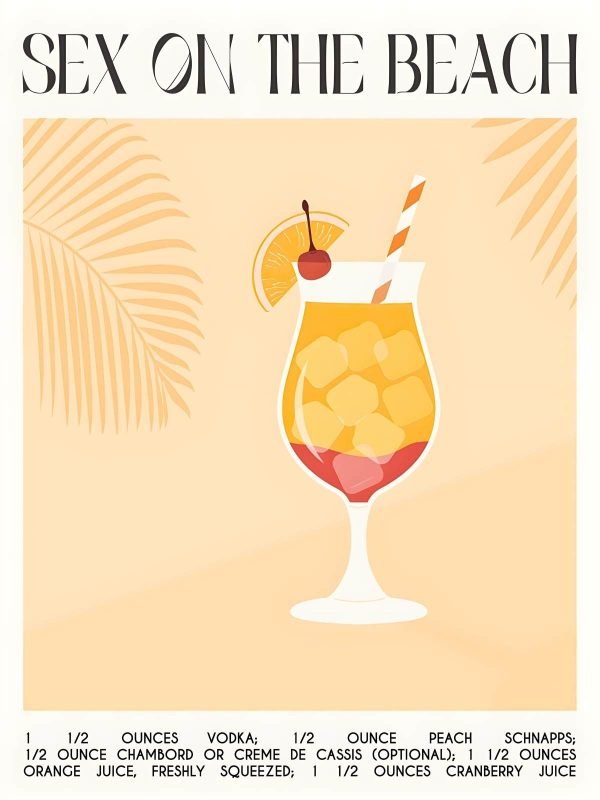 Sex on The Beach Cocktail with Ingredients Poster print framed kitchen and bar canvas wall art