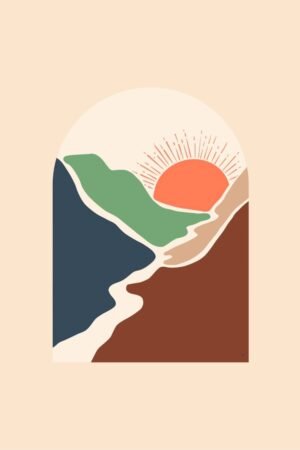 Sunrise Over the Mountains Boho Landscape Wall Art Framed Poster and Canvas Print