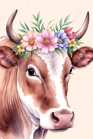 watercolor cow with flower crown canvas wall art and framed poster print