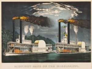 A Midnight Race on the Mississippi Print Currier & Ives Posters and Canvas Wall Art