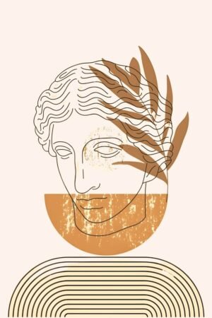 Abstract Boho Statue Face Line art with Branch Art Print