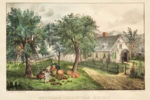 American Homestead Autumn Print Currier & Ives Framed Canvas Wall Art and Poster