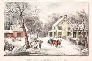 American Homestead, Winter Print Currier and Ives canvas wall art and framed poster