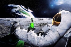 Astronaut Drinking Beer on Moon Poster