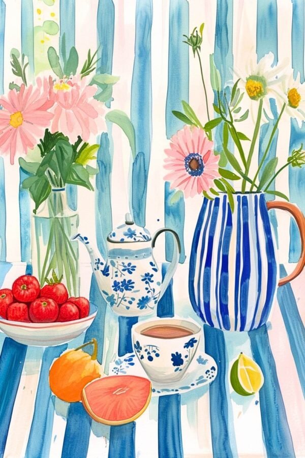 Blue and White Kitchen Table with Vase of Flowers Art Print, Framed Poster and canvas wall art