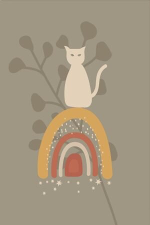 Boho Cat on Rainbow Canvas Wall art for Nursery, Framed Poster Print
