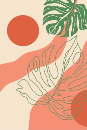 Boho Orange Sun and Green Leaves Wall Art, Framed Poster and Canvas Print