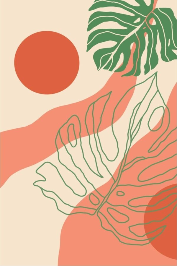 Boho Orange Sun and Green Leaves Wall Art, Framed Poster and Canvas Print