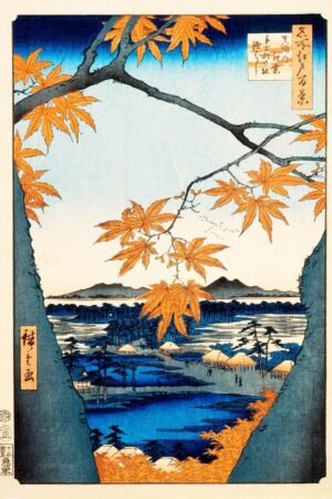 Maple Trees at Mama, Tekona Shrine and Linked Bridge by Utagawa Hiroshige Art Print