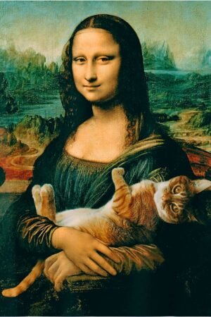 Mona Lisa with Cat Poster, Funny Canvas Wall Art Print