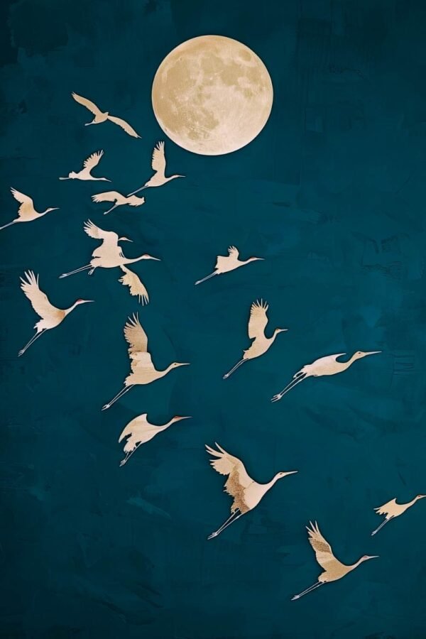 Moody Full Moon and Flying Birds Wall Art Framed Canvas and Poster Print