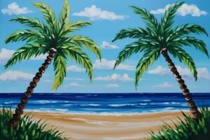 Ocean Breeze Landscape with Palm Trees canvas wall art and framed poster print