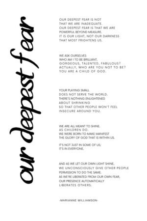 Our Deepest Fear Poster Marianne Williamson Poem Quote, Inspirational Wall Art for Office