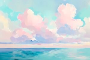 Semi Abstract Blue Seascape with Pink Clouds Art Print