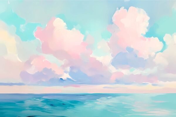 Semi Abstract Blue Seascape with Pink Clouds Art Print
