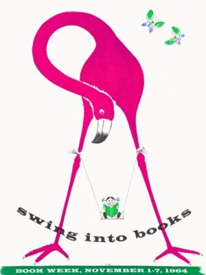 Swing Into Books Vintage Book Week Poster with Pink Flamingo