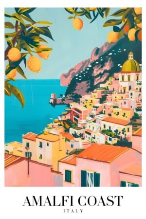 Vintage Amalfi Coast Italy Travel Poster framed canvas wall art