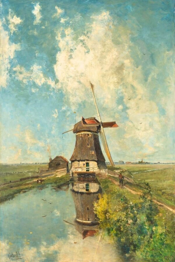 A Windmill on a Polder Waterway Print Paul Joseph Constantin Gabriël Landscape Painting Canvas Wall Art and Framed Poster