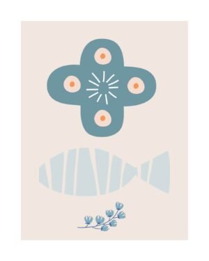 Abstract Nordic Blue Fish and Floral Symbol Art Print, framed scandinavian poster and northhern canvas wall art
