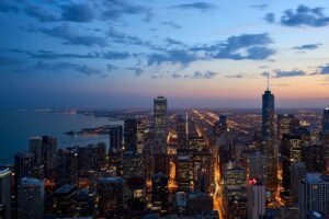 Aerial View of Chicago Skyline at Sunset Picture Framed Poster and Cityscape Canvas Wall Art Print