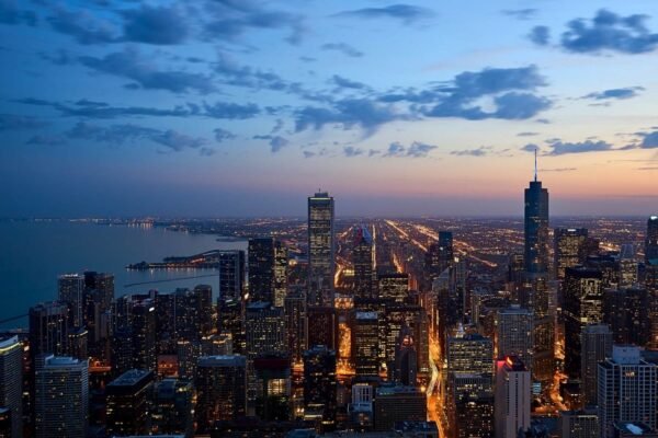 Aerial View of Chicago Skyline at Sunset Picture Framed Poster and Cityscape Canvas Wall Art Print