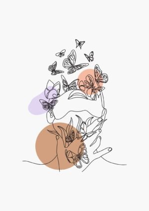 Beige Boho Woman Face with Butterflies Minimalist Line Art Poster print and framed canvas wall art