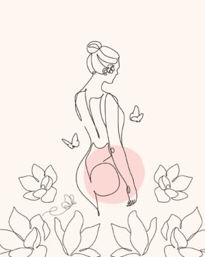 Beige Women's Floral Back View Line Art Print, Minimalist Modern female Canvas Wall Art and Framed Poster