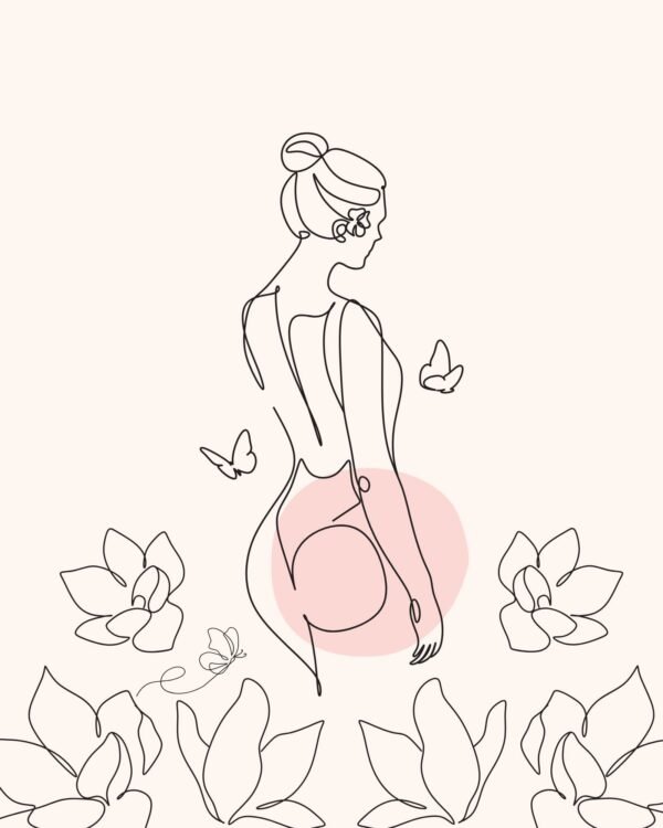 Beige Women's Floral Back View Line Art Print, Minimalist Modern female Canvas Wall Art and Framed Poster