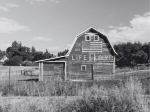 Black and White Barn with American Flag Canvas Wall Art and framed picture Print