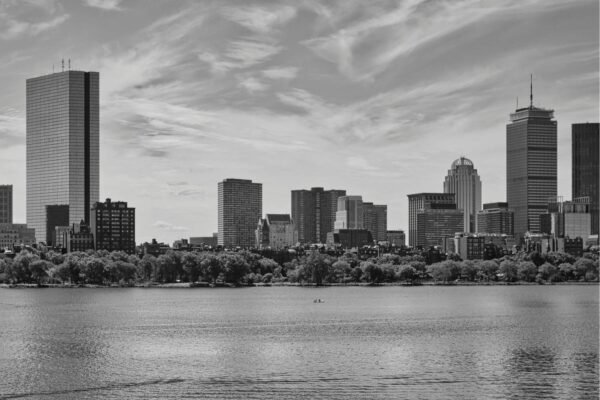 Black and White Boston Skyline from Charles River Print Frame Poster and Cityscape Picture Canvas Wall Art