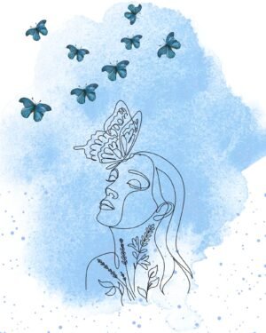 Blue And White Floral Woman Line Art with Butterfly Poster print framed canvas wall art minimalist and modern room wall decor