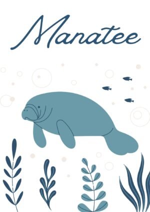 Blue Minimalist Manatee Poster, nursery and kids room wall decor, framed sea creatures canvas wall art print