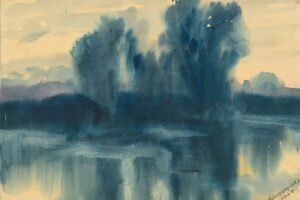 Blue Mood over a Lake Art Print, Zolo Palugyay Abstract lake painting canvas wall art and framed poster
