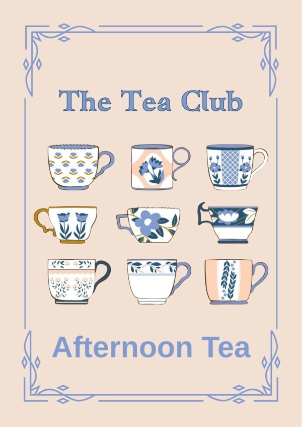 Blue Pink The Tea Club Ornate Cup Flowers Afternoon Tea Poster framed kitchen canvas wall art