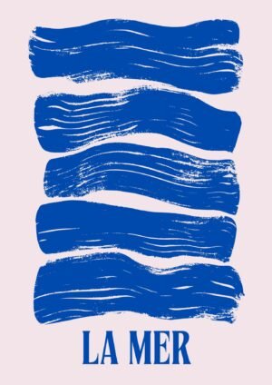 Blue and Pink La Mer Minimalist Abstract Sea Poster, framed blue modern coastal wall art