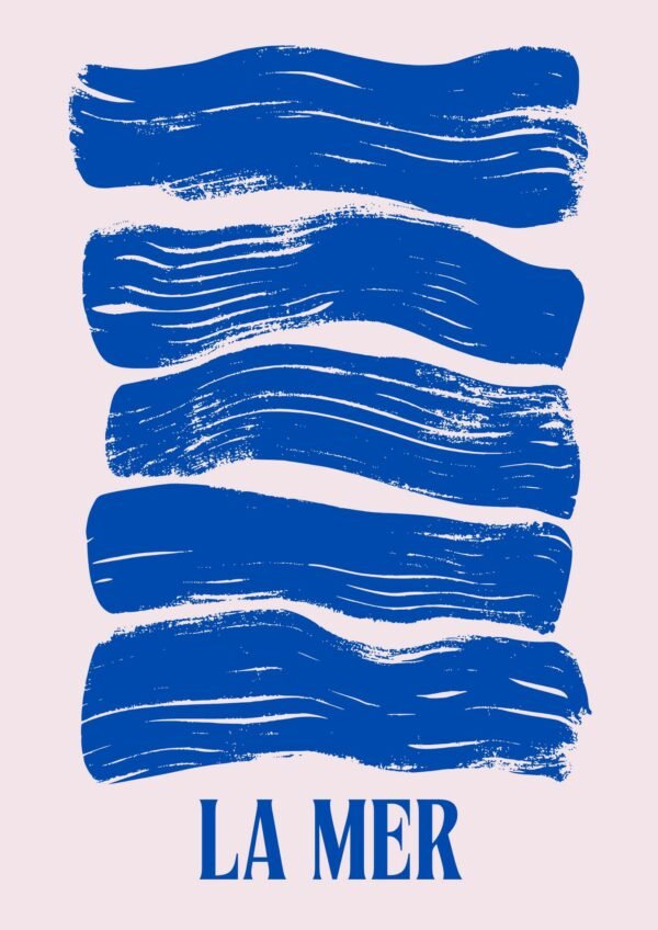 Blue and Pink La Mer Minimalist Abstract Sea Poster, framed blue modern coastal wall art