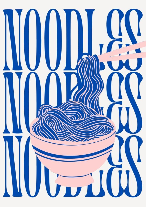 Blue and Pink Noodles Food Poster, framed kitchen canvas wall decor