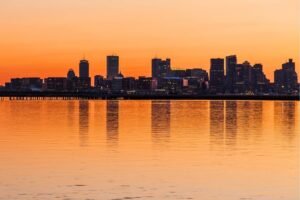 Boston Skyline at Sunset Print Framed Poster and Cityscape photography Canvas Wall Art