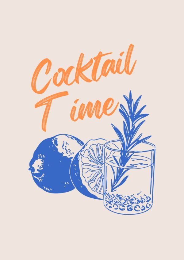 Cocktail Time Poster Beige Blue and Orange drink canvas wall art for kitchen and bar wall decor
