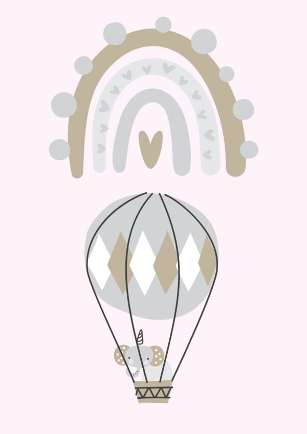 Elephant Flying Under the Boho Rainbow in a Hot Air Balloon Scandinavian Nursery Wall Art Print, framed poster and canvas art print